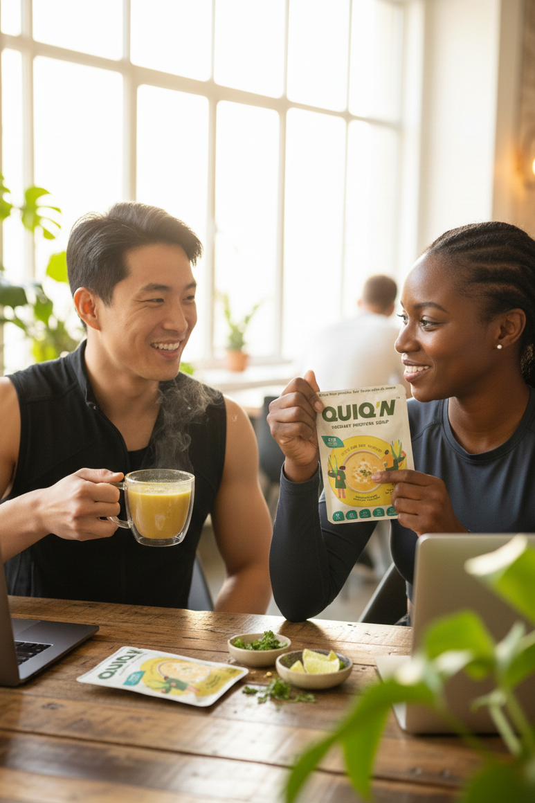 Two people sitting at a table with a laptop and a magazine, enjoying a Quiq'N.

